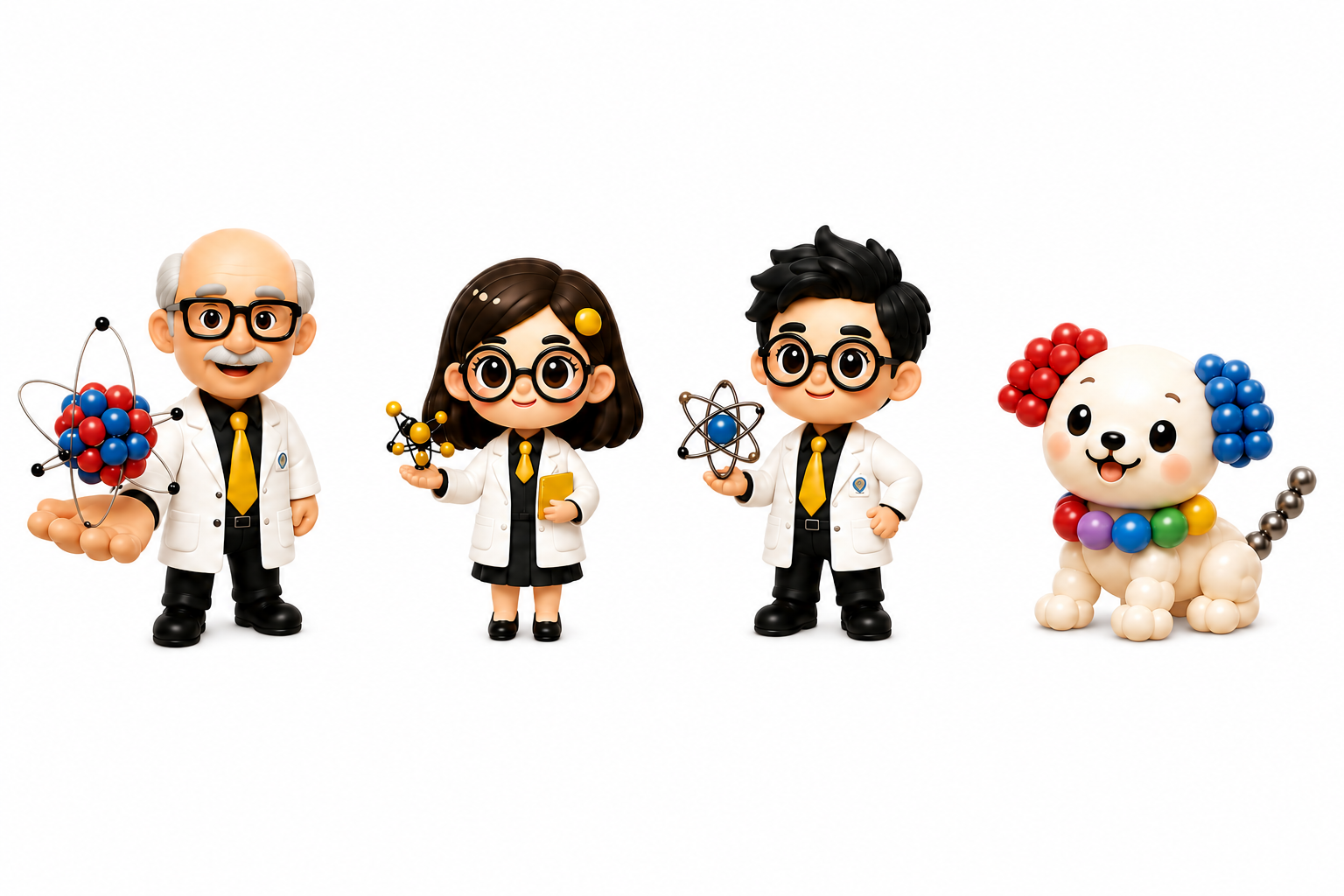 ネオ博士、ナノちゃん、ドッツくん、マグワン。4人の全身イラスト